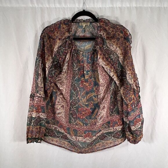 Democracy Blouse Womens Medium Brown Green Gold Metallic Sheer Vneck - Picture 1 of 10